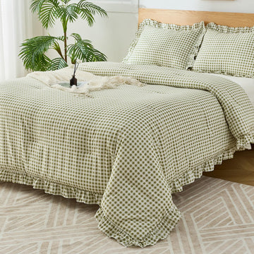 Ruffle Gingham Comforter Set Sage Plaid Farmhouse Bedding
