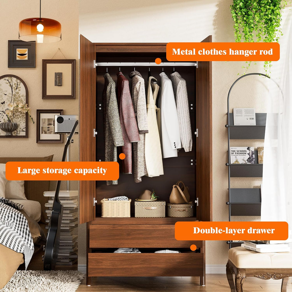 Armoire Wardrobe Closet, 70.9" Tall Wardrobe Cabinet with 2 Doors, 2 Large Drawers and Hanging Rod, Wooden Clothing