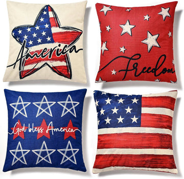 Patriotic Decor-Throw Pillow Covers 18x18 in Set of 4,4th of July Linen Pillow Case for Independence Day,Memorial
