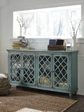 Mirimyn Vintage 69" 4-Door Accent Cabinet with Mirrored Glass and 2 Adjustable Shelves, Antique Blue