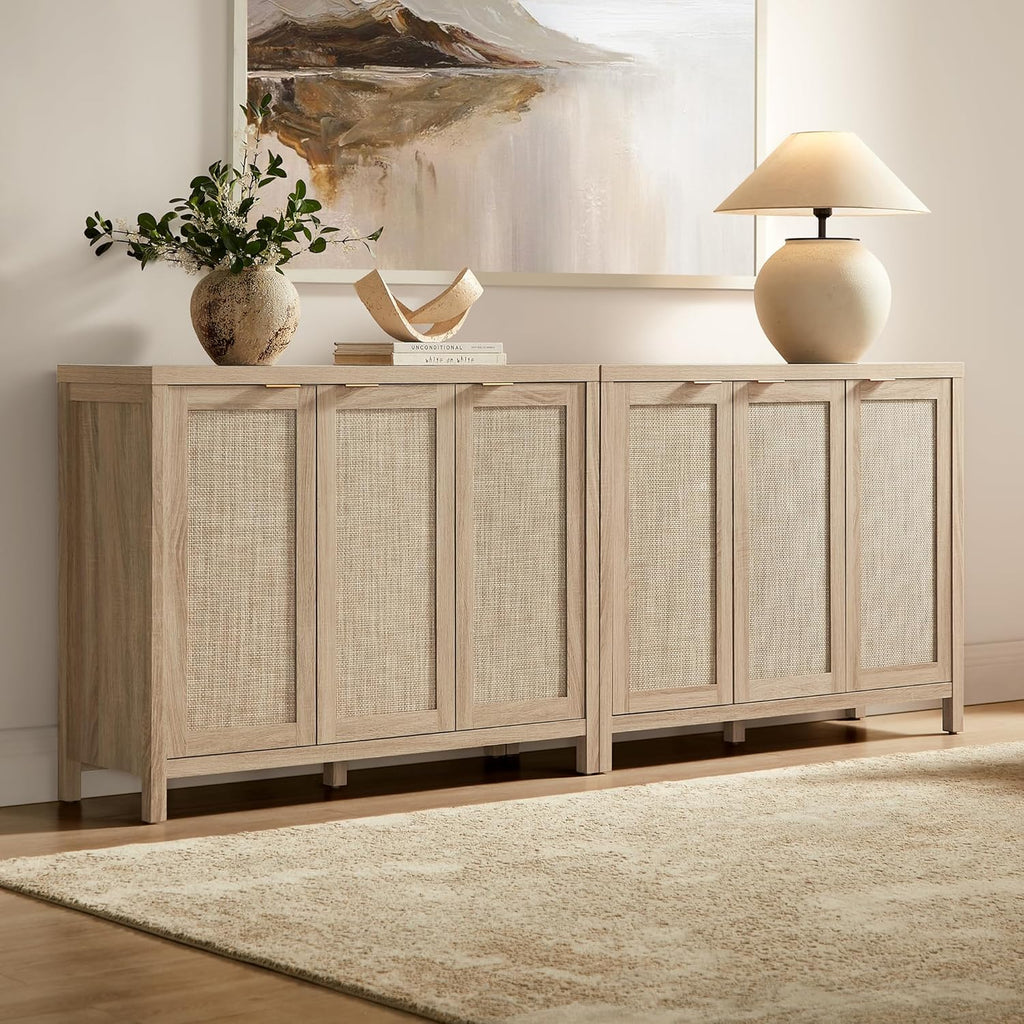 Rattan Buffet Cabinet with Storage 43.5" Sideboard Cabinet with 3 Doors & Adjustable Shelves Wood Sideboard Credenza