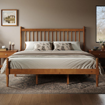 Solid Wood Bed Frame, Spindle Headboard, King Size Honey Brown