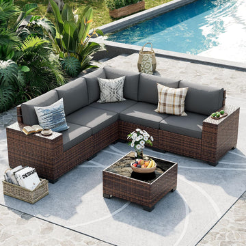 6-Piece Patio Furniture Set, 8 Inch Armrest, 4" Thick Cushion | L Shape Modular Sectional Sofa w/ Glass Coffee Table