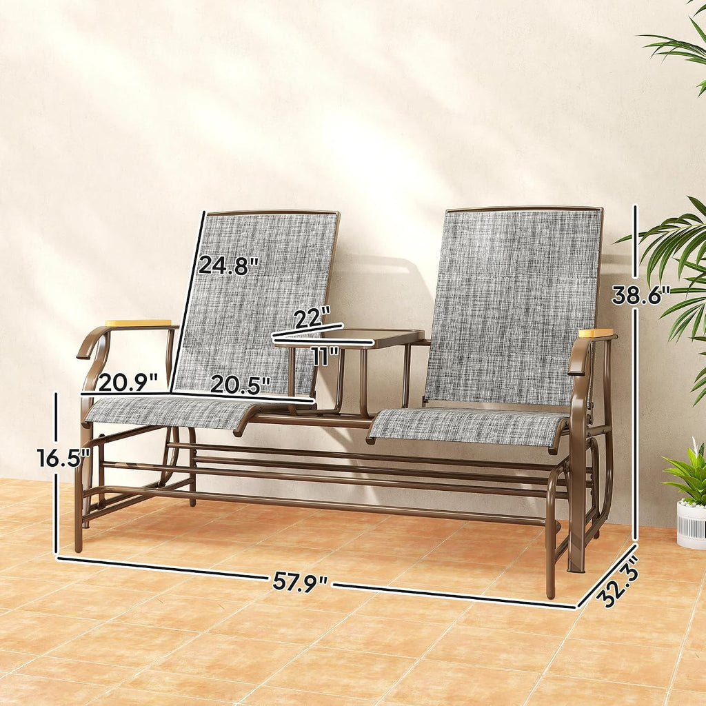2 Person Outdoor Glider Bench Breathable Mesh Gray | Patio Swing Glider Chair Loveseat, Table, Steel Frame, Garden