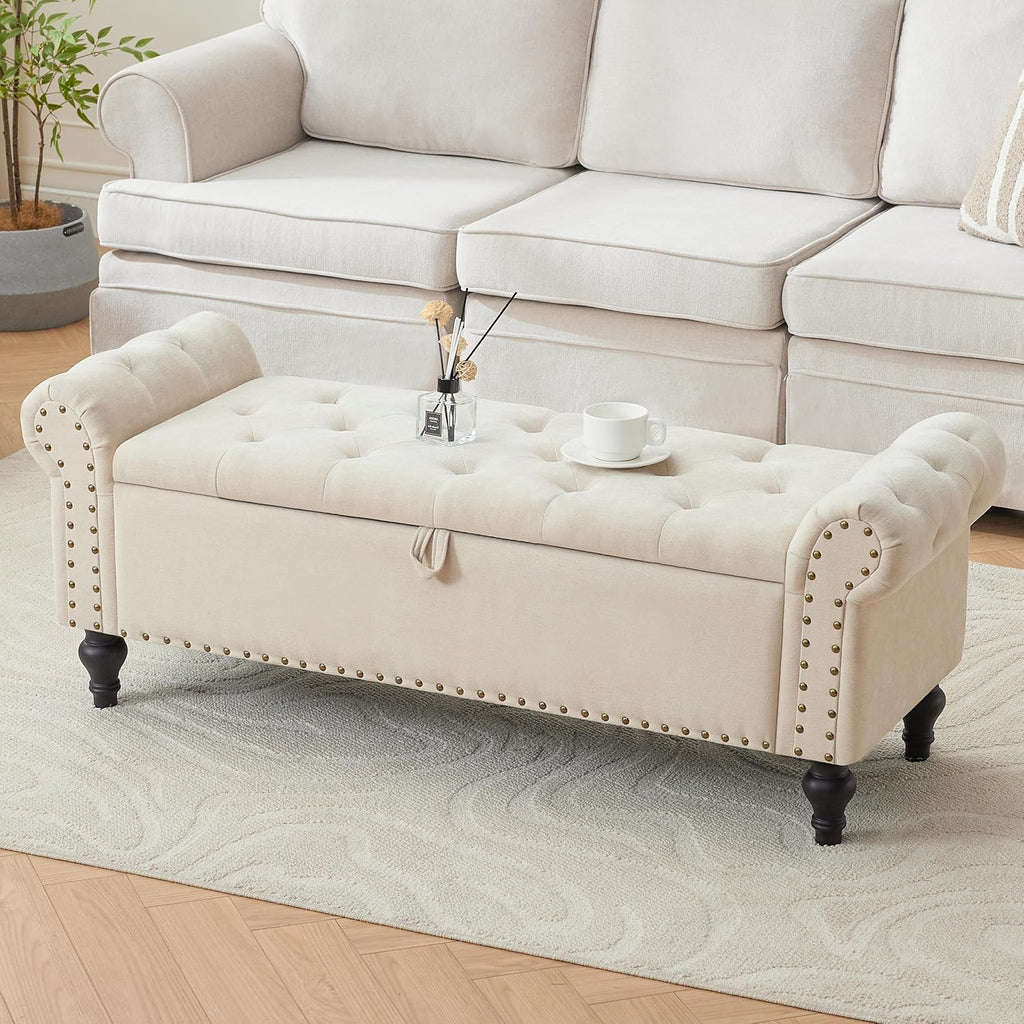 51" Storage Bench , Upholstered Ottoman Bench, Chenille Beige | End of Bed Bench , Window Benches , Ottoman with