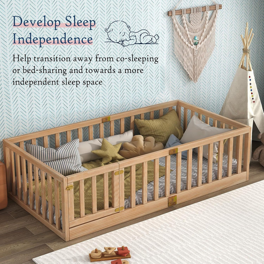 Twin Montessori Floor Bed with High Rails, Solid Wood Montessori Bed Frame for Kids, Door Can Install Left and Right