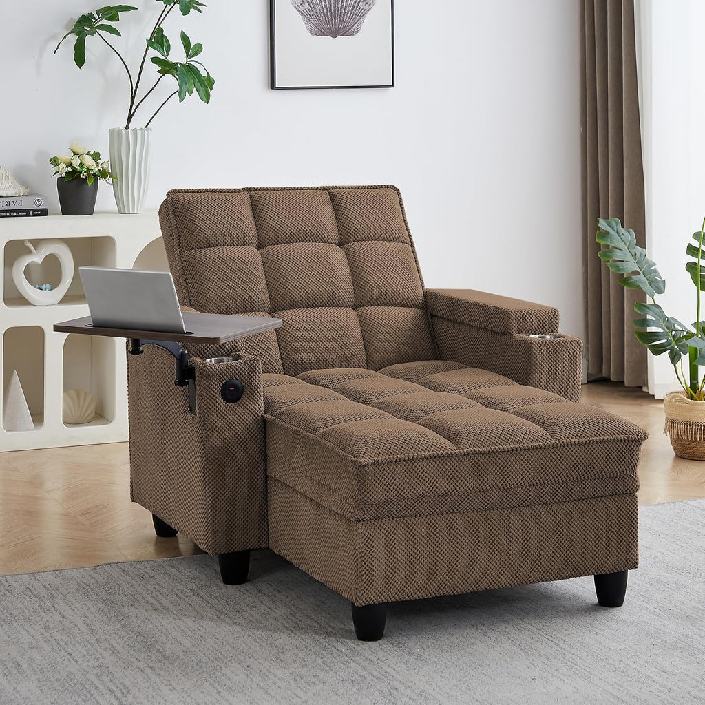 41.7" Chaise Lounge Sleeper Chair Bed, Convertible Recliner Sofa with 6 Level Adjustable Backrest, USB Charging, Cup