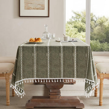 Hemstitched Embroidery Striped Boho Tablecloth 54x70 Inch Olive, Heavy Weight Farmhouse Burlap Linen Green Tablecloth