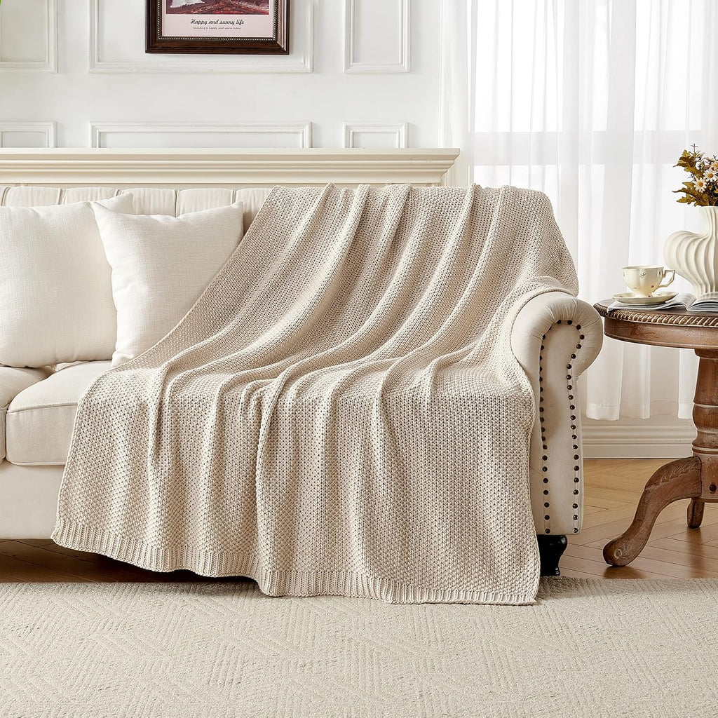 Chunky Cable Knit Throw Blanket, Lightweight 100% Organic Cotton Soft Cozy Throw Twin Blanket, Rustic Breathable