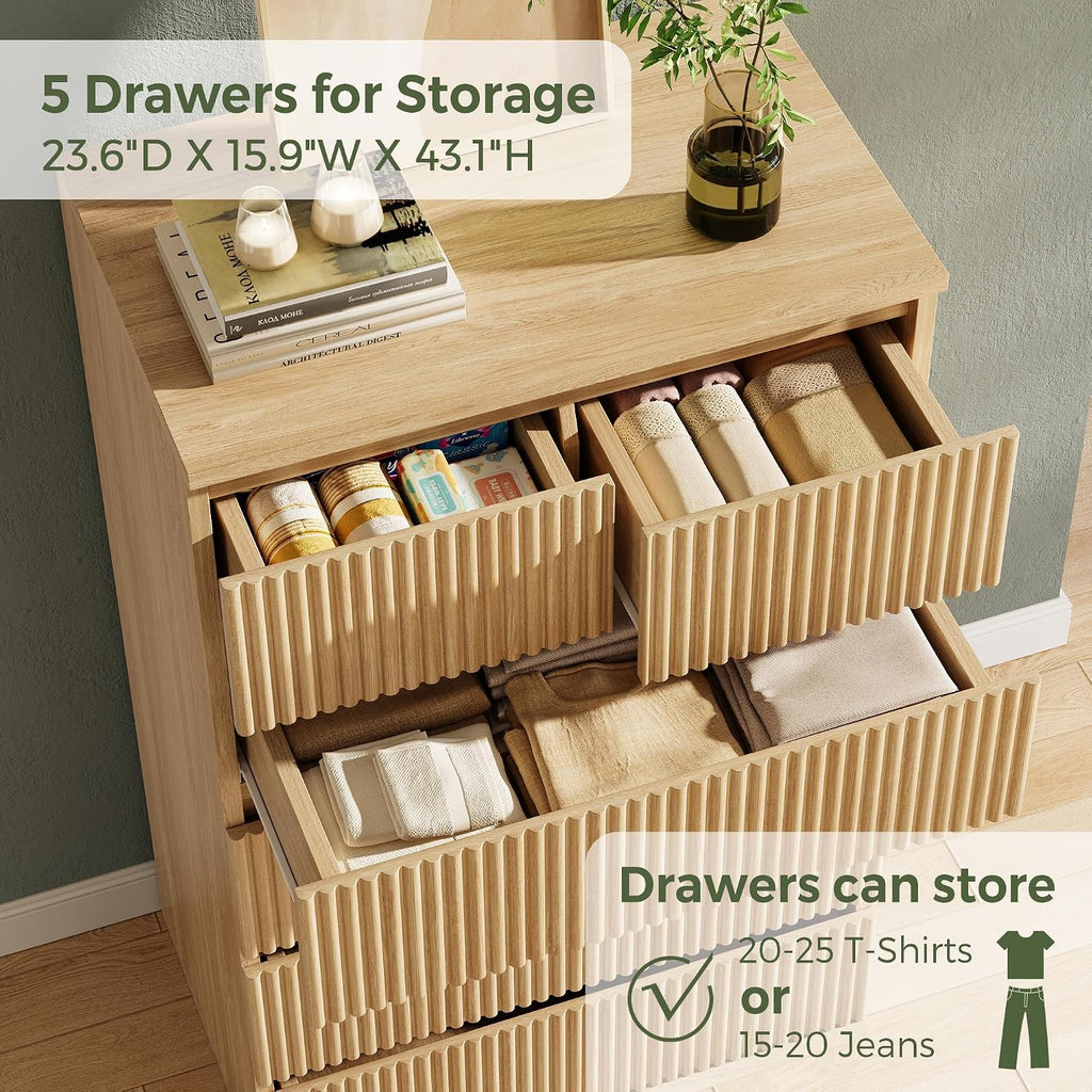 Fluted 6 Drawer Dresser , Modern Wood Chest of Drawers, Tall Storage Dresser with Deep Drawers, Handleless