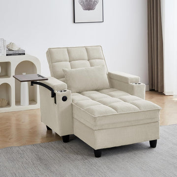 6-Position Adjustable Convertible Chaise Lounge Sleeper Chair with Storage, Modern Recliner Armchair with Swivel Tray
