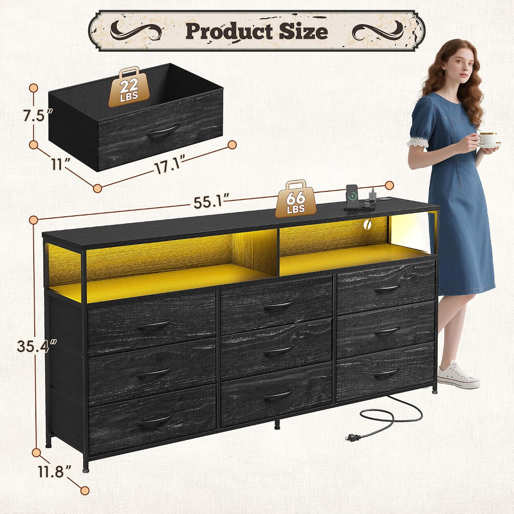 55" W Dresser with 9 Drawers LED, Power Outlets Fits 65" TV | TV Stand for 45, 55, 65 Inch TV Sturdy Long Chest of
