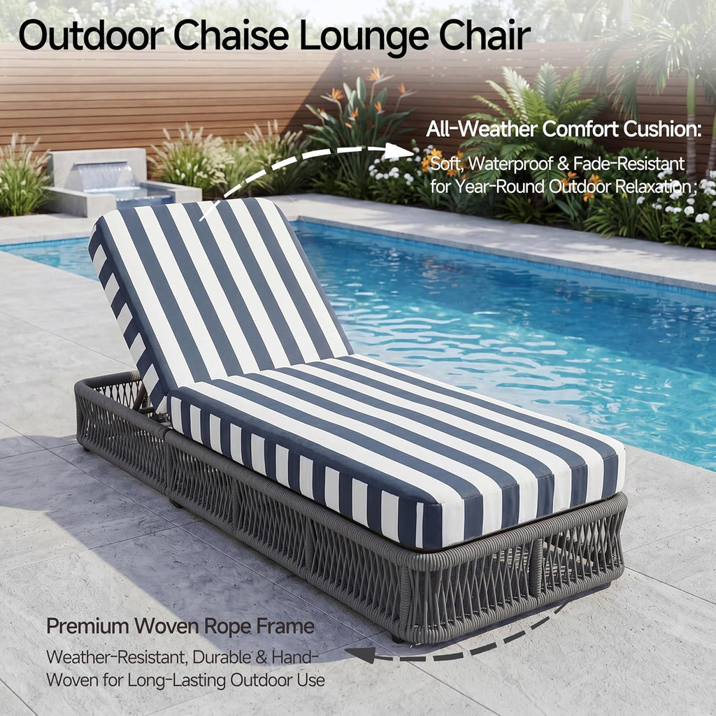 Outdoor Chaise Lounge Chair Set of 2, 5-Position Adjustable Backrest, All-Weather Grey Woven Rope Recliner