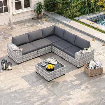 6 Piece Outdoor Wicker Patio Furniture Set Rattan Outdoor Sectional Sofa | Patio Sectional with 4" Thickened Cushions