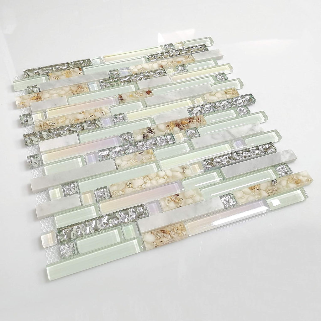 Beach Style Wall Tile Mosaic Kitchen Backsplash Tiles Green Bathroom Silver Glass Conch Stone White Marble Iridescent - Set of 11