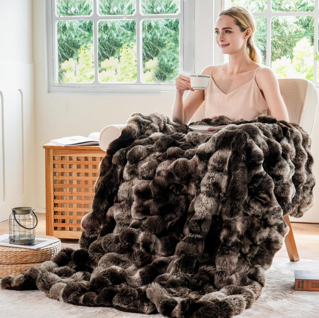 Fluffy Faux Fur Throw Blanket, Soft Plush Thick Cozy Fuzzy Luxury Minky Bubble Blanket, Tie-dye Coffee, 60" x 80"