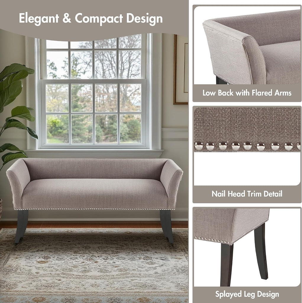 Accent Bench, Upholstered with Nailhead Trim, & Padded Seat Entryway Bench Small, End of Bed Bench with Back, 49.5" W