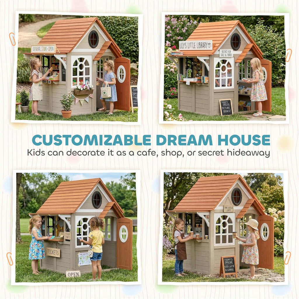 Outdoor Playhouse Wooden Kids Playhouse with Dog Door Ages 2+ Gray | Kids Cottage, Cookware, Blackboard, Clock