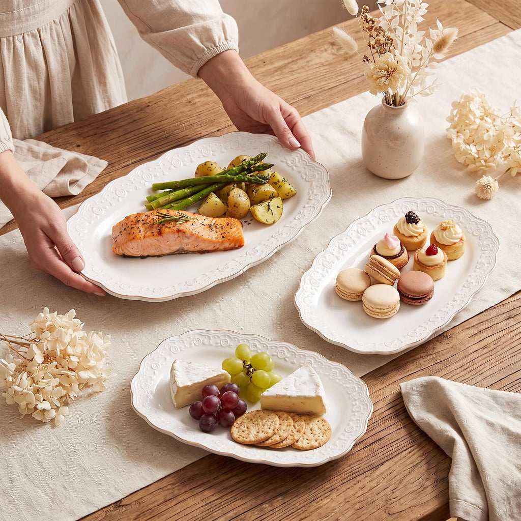 Ceramic Serving Platter Set | 16"/14"/12" Oval Serving Trays for Entertaining at Parties and Weddings | Oven Safe