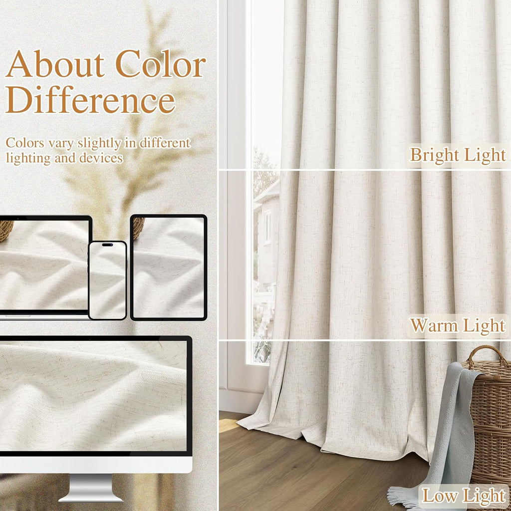Cream 100% Blackout Linen Curtains Ceiling to Floor 2 Panels for Living Room Bedroom Back Tab