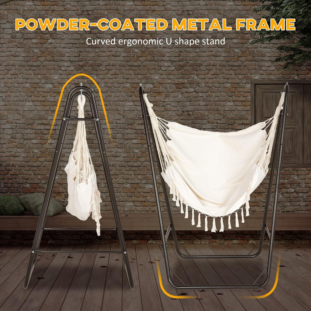 Patio Hammock Chair Outdoor with U Shape Stand Brown/Cream White | Outdoor Hammock Swing, Hanging Lounge Chair, Side