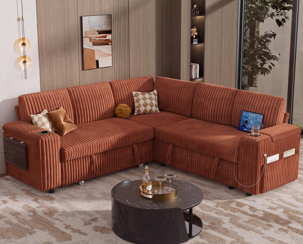 86" Modular Sectional Sleeper Sofa with Pull Out Bed, 5 Seat Plush Corduroy L Shaped Couch with USB Ports|Cup