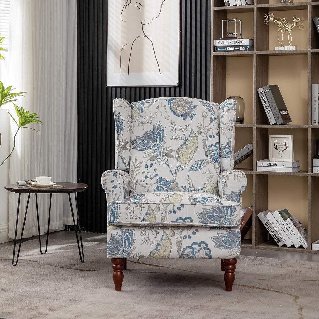 Modern Wingback Accent Chair with Solid Wood Legs and Cushion, Comfy Upholstered Floral Pattern Armchair, Retro