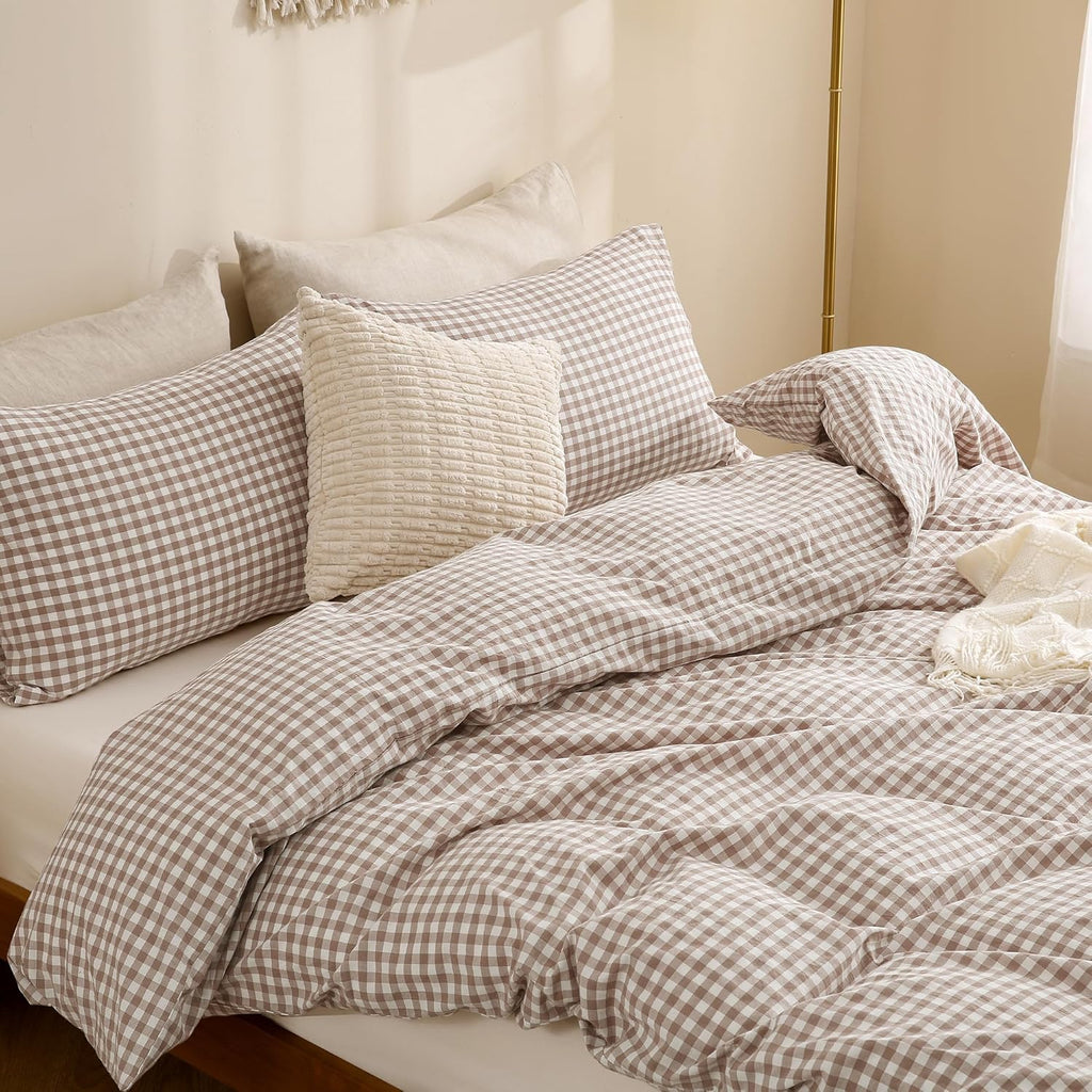 Tan Gingham Duvet Cover Bedding Set 100% Washed Cotton Like Linen Feel Super Soft Comfy 3 Piece Brown Vintage Plaid, Queen Size