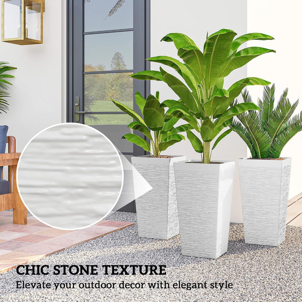 22.8 Inch Tall Planters for Outdoor Plants Set of 3, White | Wheels, Flower Pots, Stone Finish, Stackable Tapered