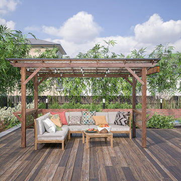 13' x 6.5' Wooden Grill Gazebo Metal Roof, Bulbs, Bar Counters, Patio Hardtop Grill Pergola, BBQ Canopy for Lawn, Garden, Outdoor Patio, Backyard