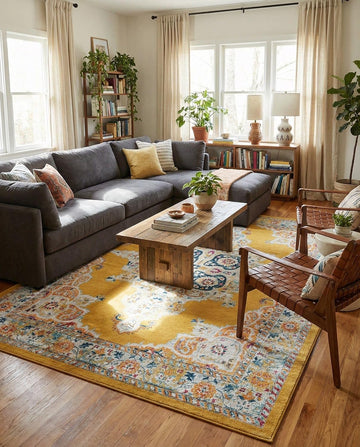 Parker Rug - 10' x 14' Yellow Easy-Clean Rug - Vintage Medallion Style for Living Rooms and Large Bedrooms
