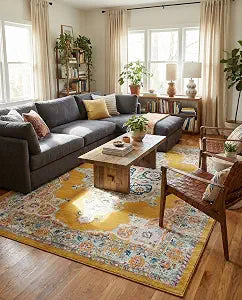 Parker Rug - 10' x 14' Yellow Easy-Clean Rug - Vintage Medallion Style for Living Rooms and Large Bedrooms