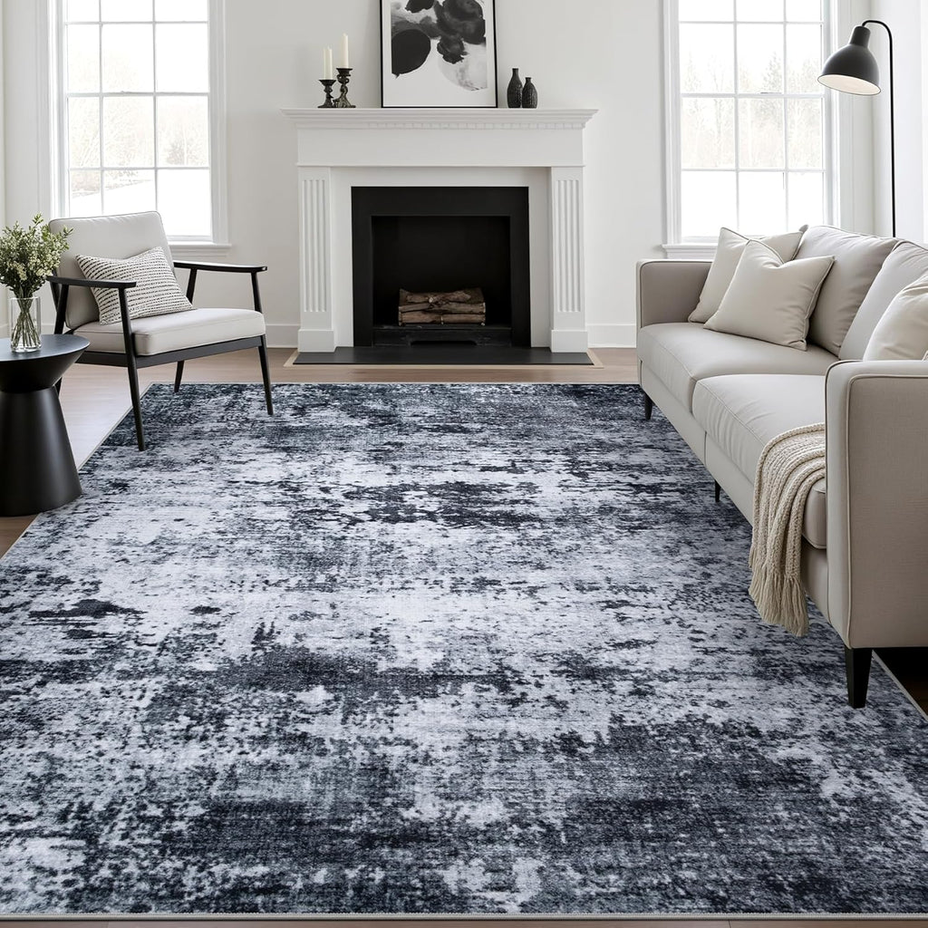 5x7 Washable Abstract Area Rug, Modern Low Pile Non-Slip Carpet for Living Room Bedroom Black
