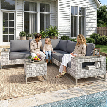 Outdoor Patio Furniture Set 6-Piece PE Rattan Wicker Outdoor Sectional Sofa with Thickened Cushions and Chunky Arms