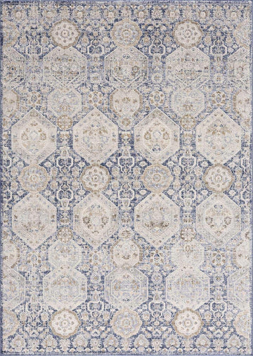 Kismet Boho Vintage Traditional Damask Area Rug - Farmhouse Traditional Floral Medallion Carpet - Beige, Blue, Gray