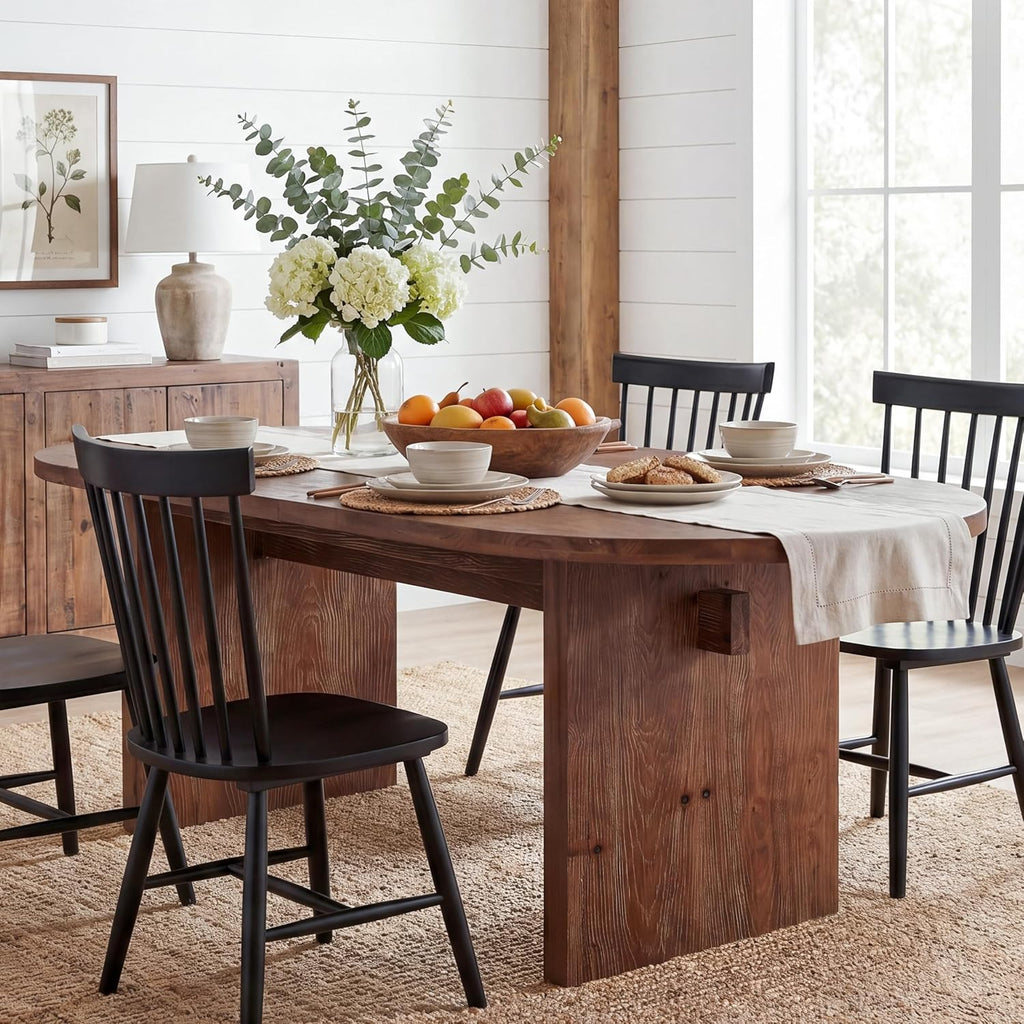 63-Inch Oval Dining Table, Farmhouse Solid Wood Kitchen Table for 4-6, Large Dinner Furniture with Double Pedestal