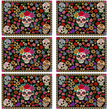 Day of The Dead Flowers Placemats Set of 6 Table Decor12x18 Inch