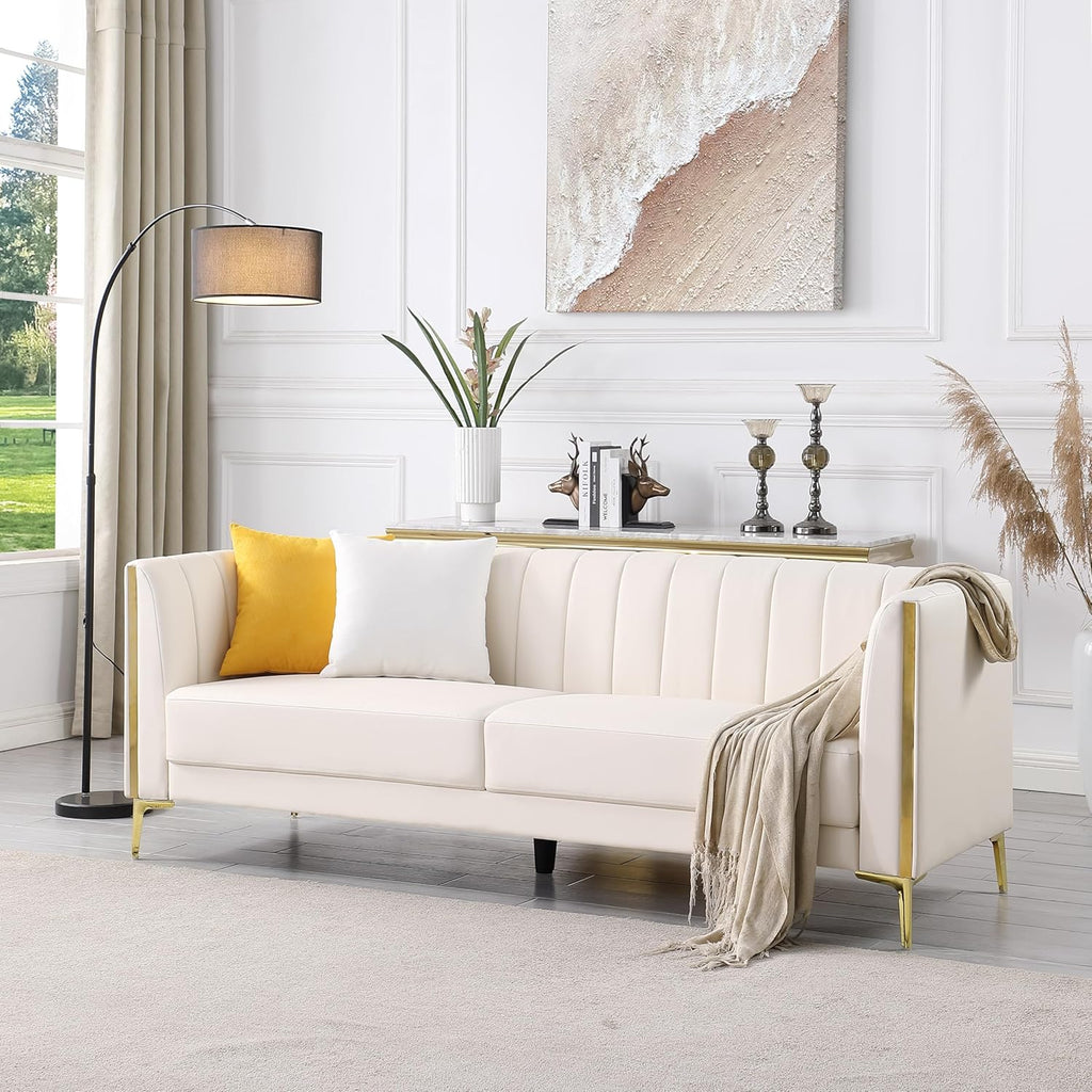 White Leather Couch Sofa, Office Couches 78'' Apartment Faux Leather Sofa with 2 Throw Pillows & Gold Metal