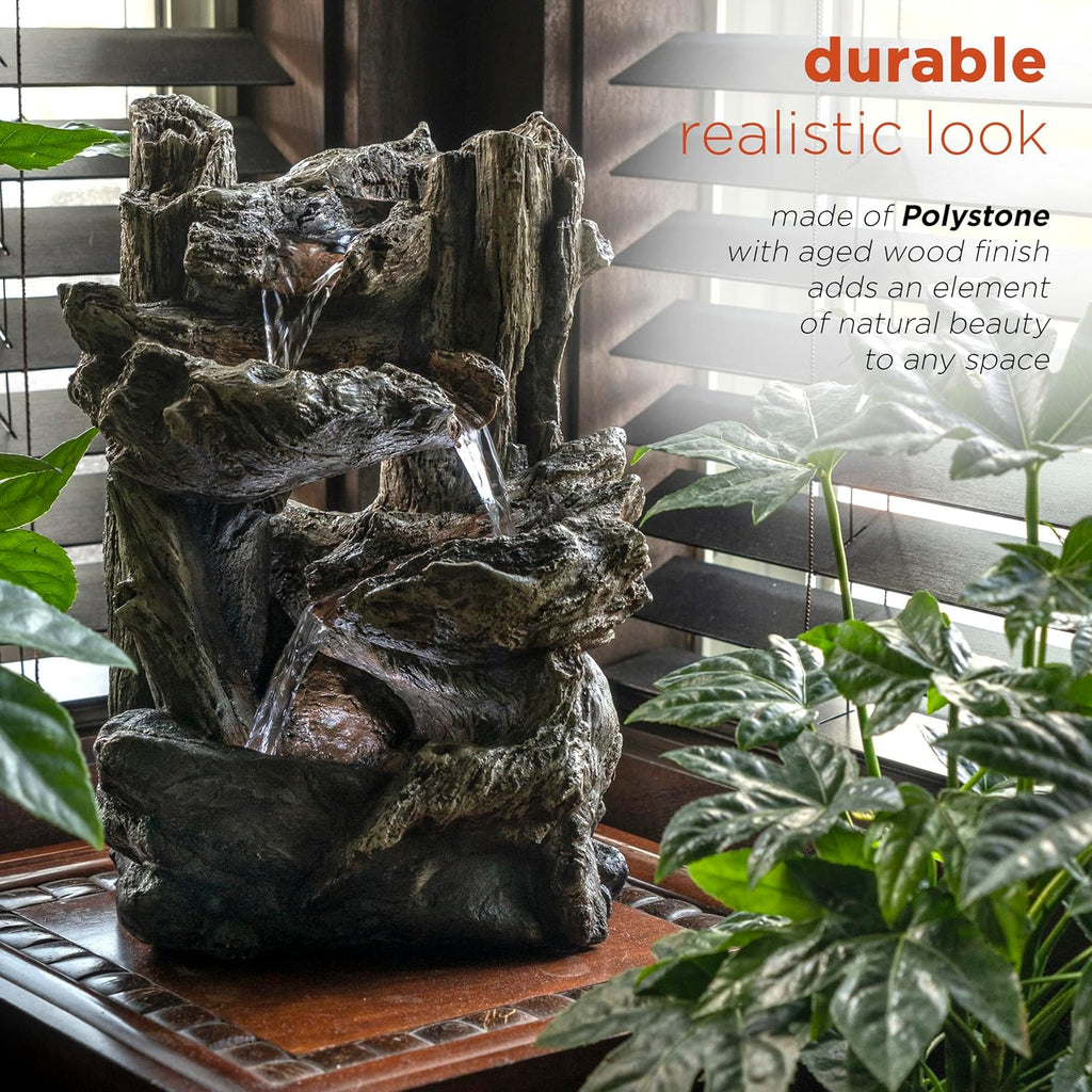 14"H Indoor Tiered Log Tabletop Fountain with LED Lights - Cascading Waterfall Design Creates Relaxing Ambiance Décor