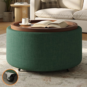 Round Storage Ottoman Coffee Table, 30-Inch Upholstered Ottoman with Removable Walnut Tray, Hidden Storage & 4