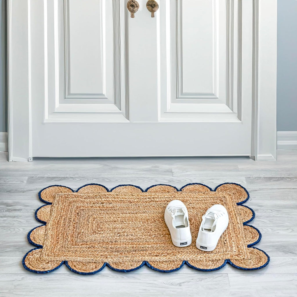 Scalloped Natural Jute Area Rug, Navy Trim, 2x3