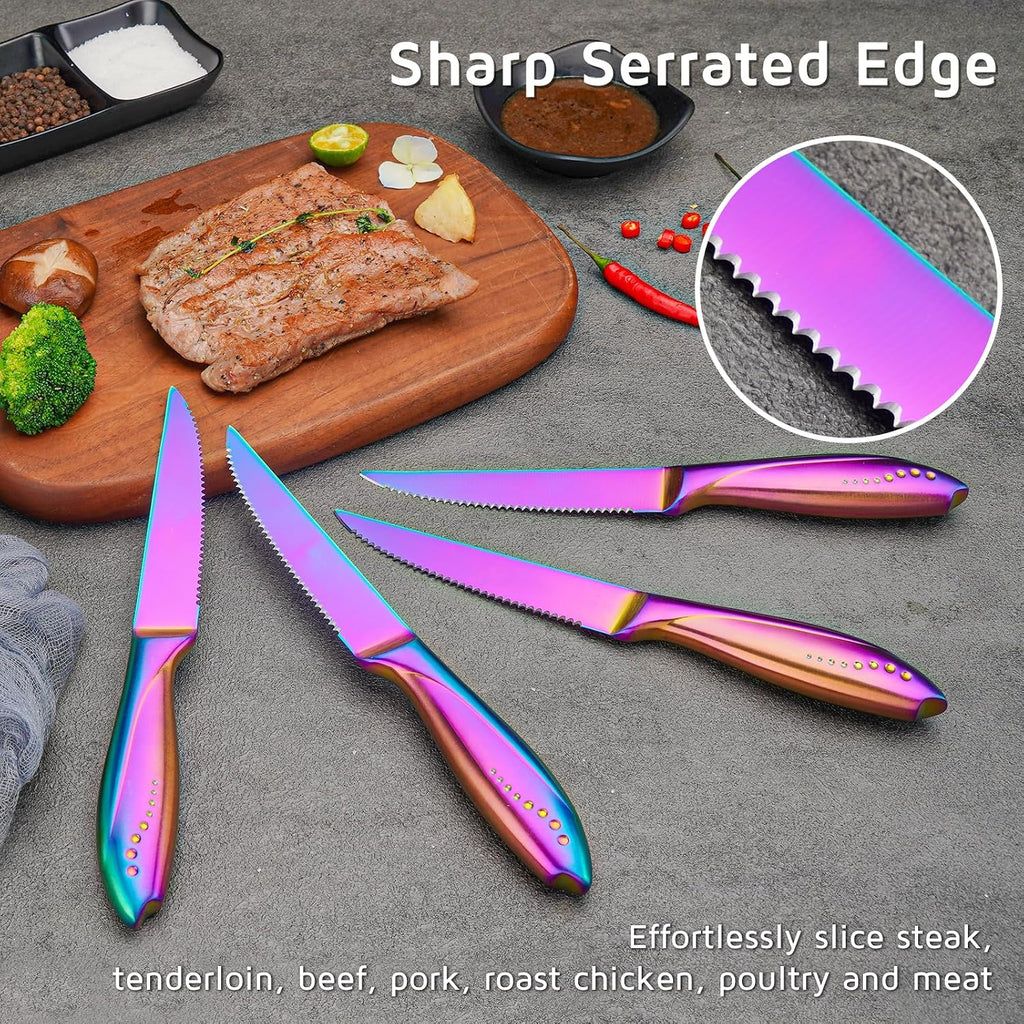 Steak Knives Set of 8 with Wood Block, 4.75 Inch Rainbow Serrated Steak Knife Set, Razor Sharp German Stainless Steel