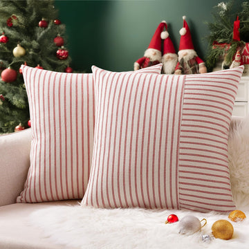 Christmas Pillow Covers 20x20, Boho Throw Pillow Covers Set of 2, Red and Cream Striped Linen Decorative Pillows