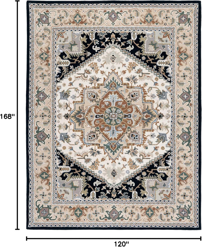 Area Rug 10x14 - Heritage - Large - Beige & Navy, Handmade Wool, Traditional Oriental Medallion Design