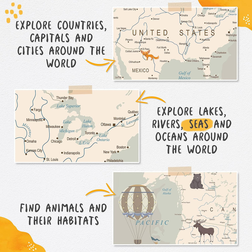 Kids World Map Wallpaper with Animals-Peel and Stick Educational Decals-Nursery Murals for Baby, Toddlers, Boys, Kids