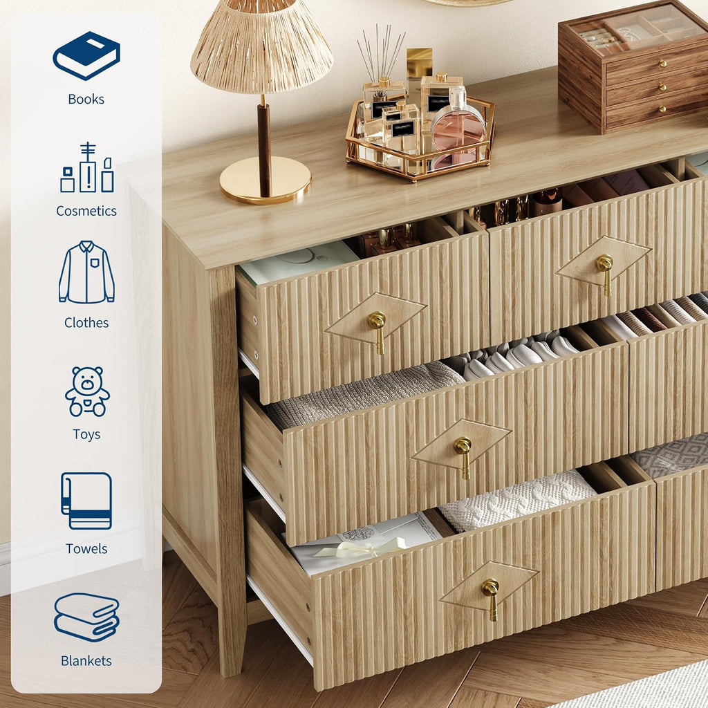 Fluted Dresser , 54 Inch Wide 7-Drawer Wood Dresser, Modern Chest of Drawers, Storage Organizer Cabinet , Natural
