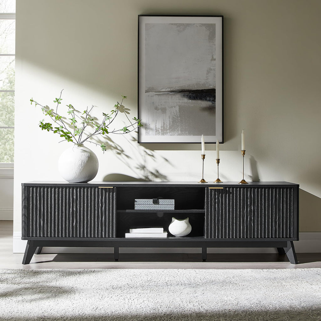 70" Mid-Century Modern Fluted TV Stand, 2 Soft-Close Doors, Black Oak