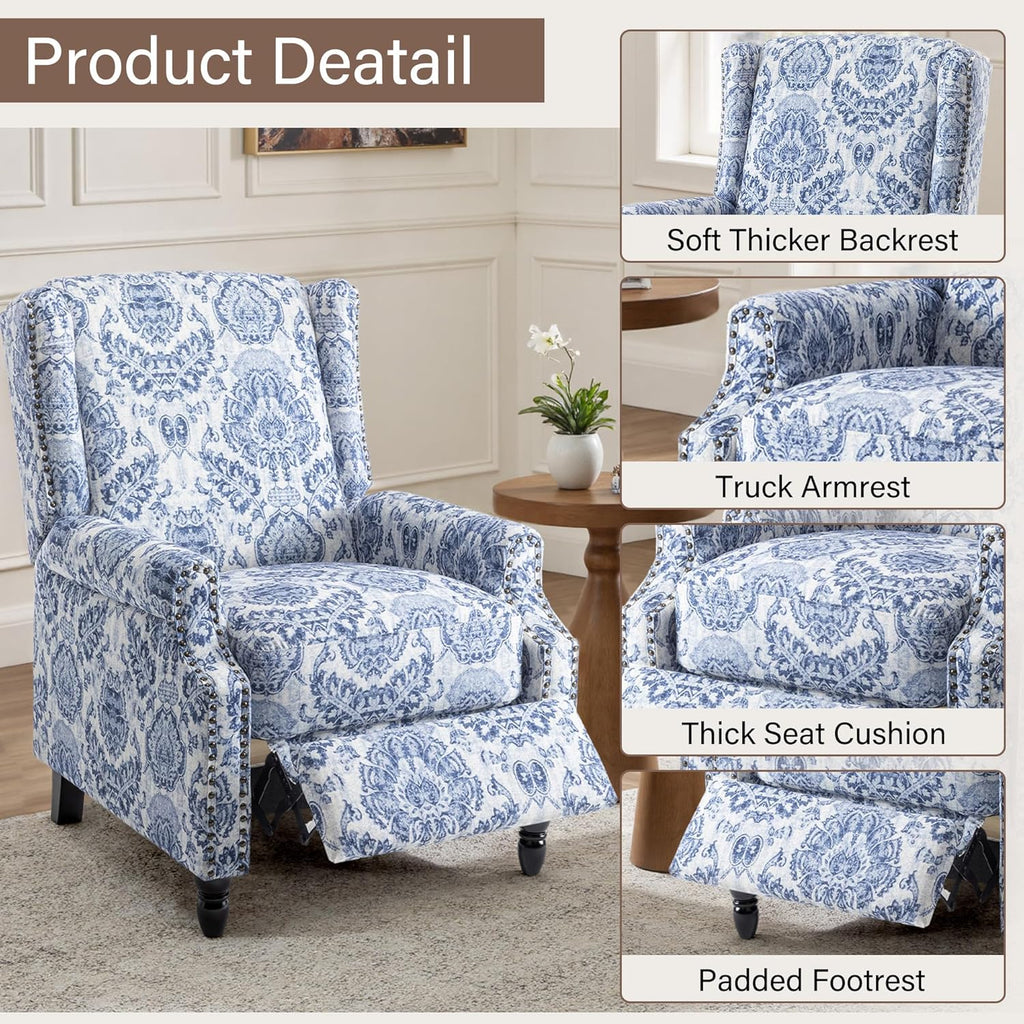 Pushback Floral Recliner Chair, Fabric Upholstered Armchair Push Back Accent Chair for Living Room