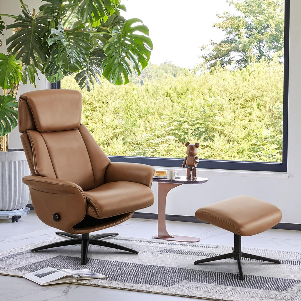 Modern Reclining Swivel Lounge Chair and Ottoman — Saddle Genuine Leather