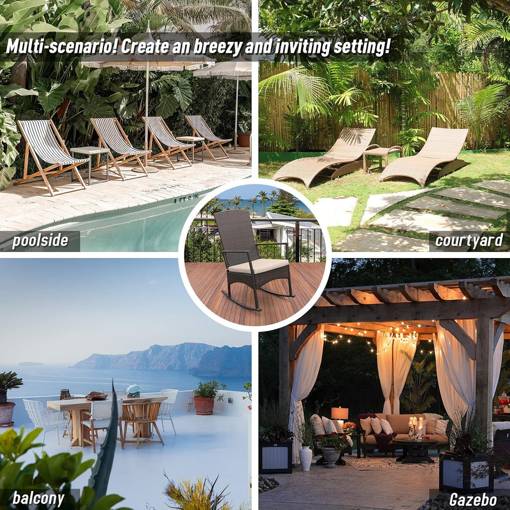 Outdoor HDPE Wicker Rocking Chair 3-Piece Patio Rattan Bistro Set 2 Rocker Armchair and Glass Coffee Side Table